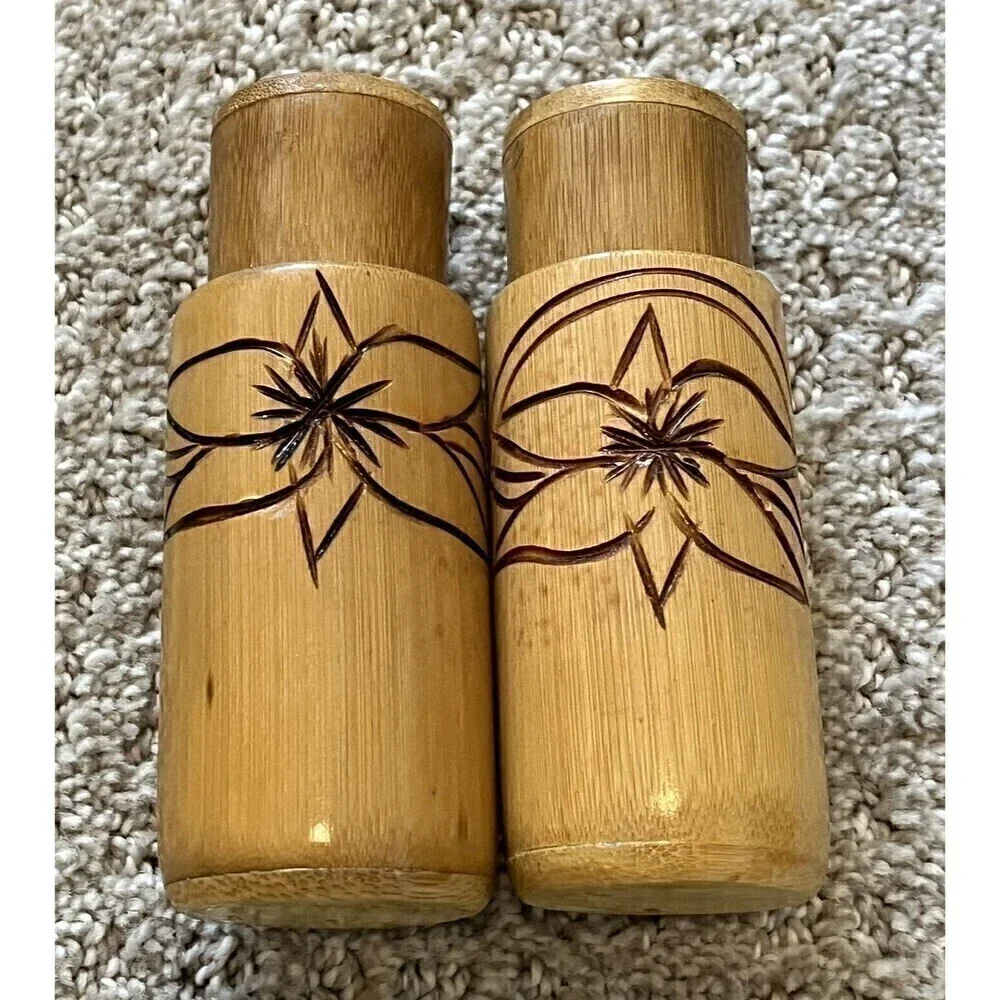 Hibiscus Atomic Wooden Salt & Pepper Shakers Mid Century Teak? Hawaiian